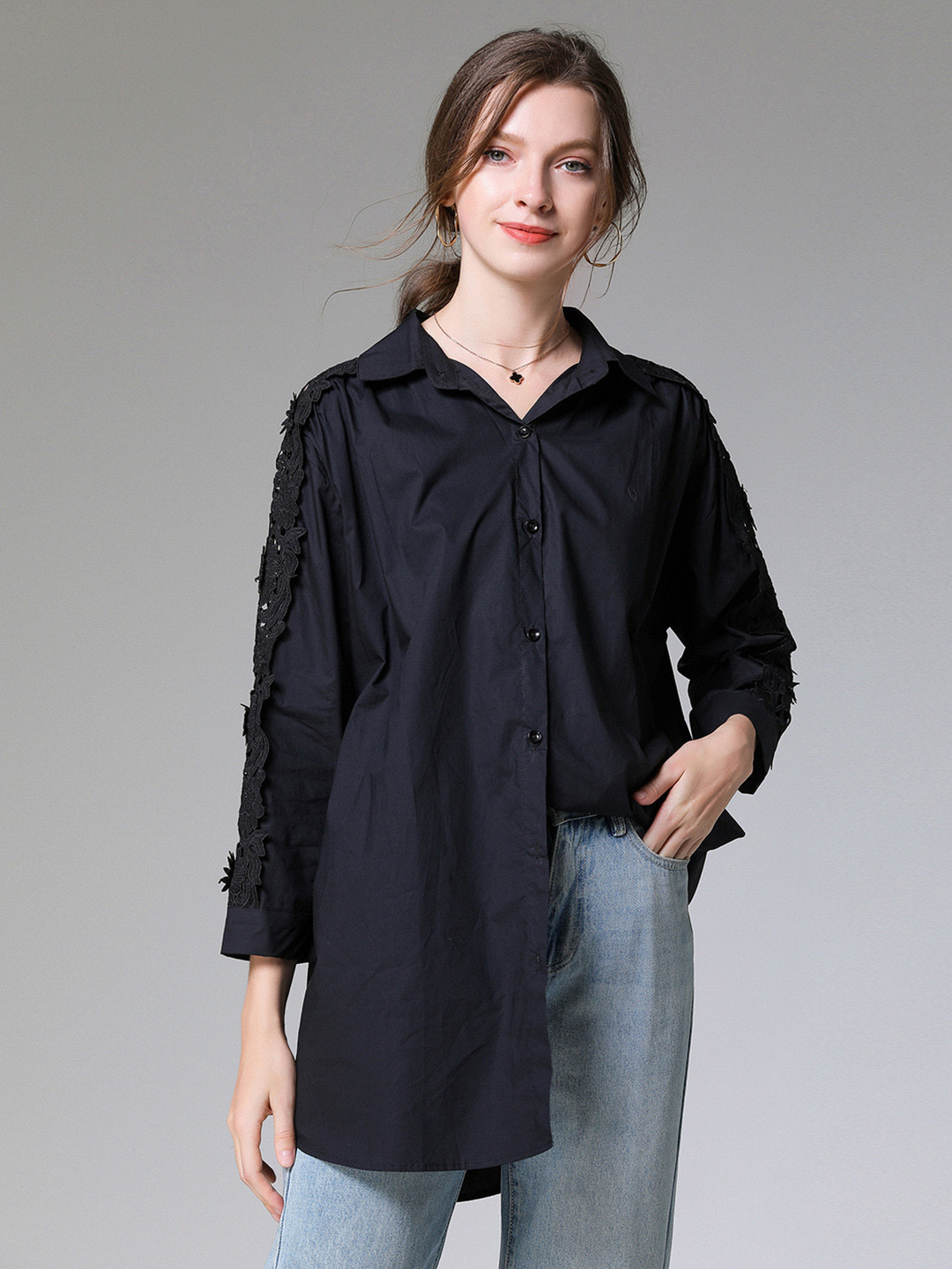 JC Collection Lace Inserted Longline Casual Shirt