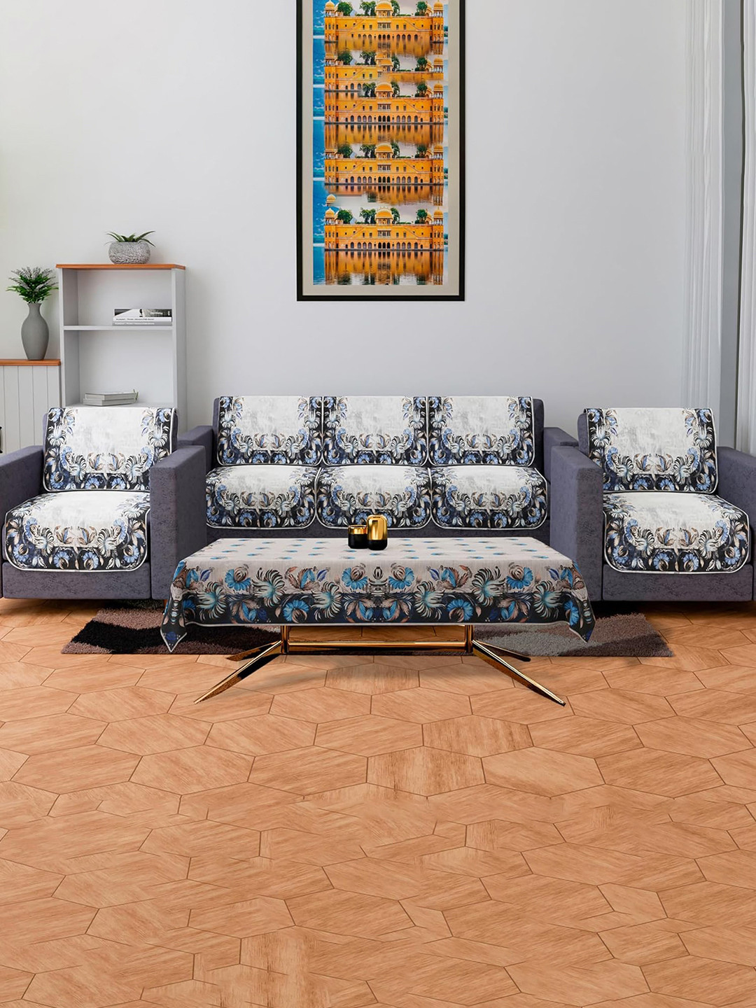 Kuber Industries Set of 11 Grey & White Printed Velvet 5 Seater Sofa Cover Table Cover Set