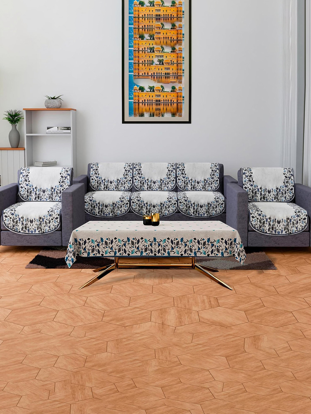 Kuber Industries Set of 11 Grey & Blue Velvet 5 Seater Sofa Cover & Table Cover Set