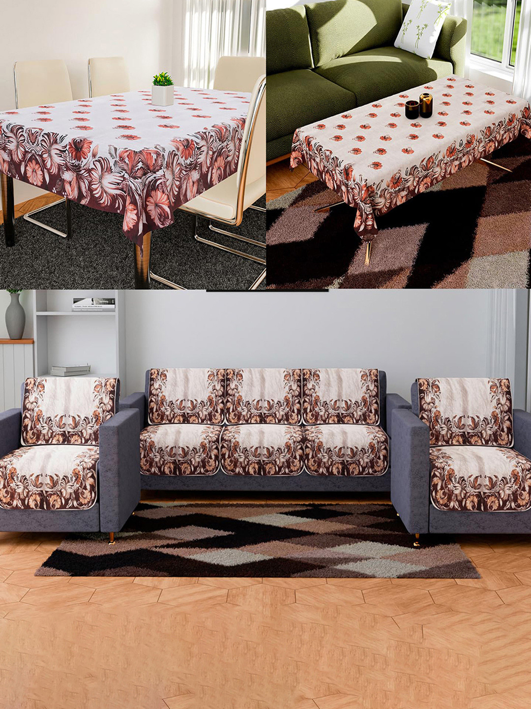 Kuber Industries Set of 12 Cream & Maroon 5 Seater Sofa Cover Center & Dining Table Cover