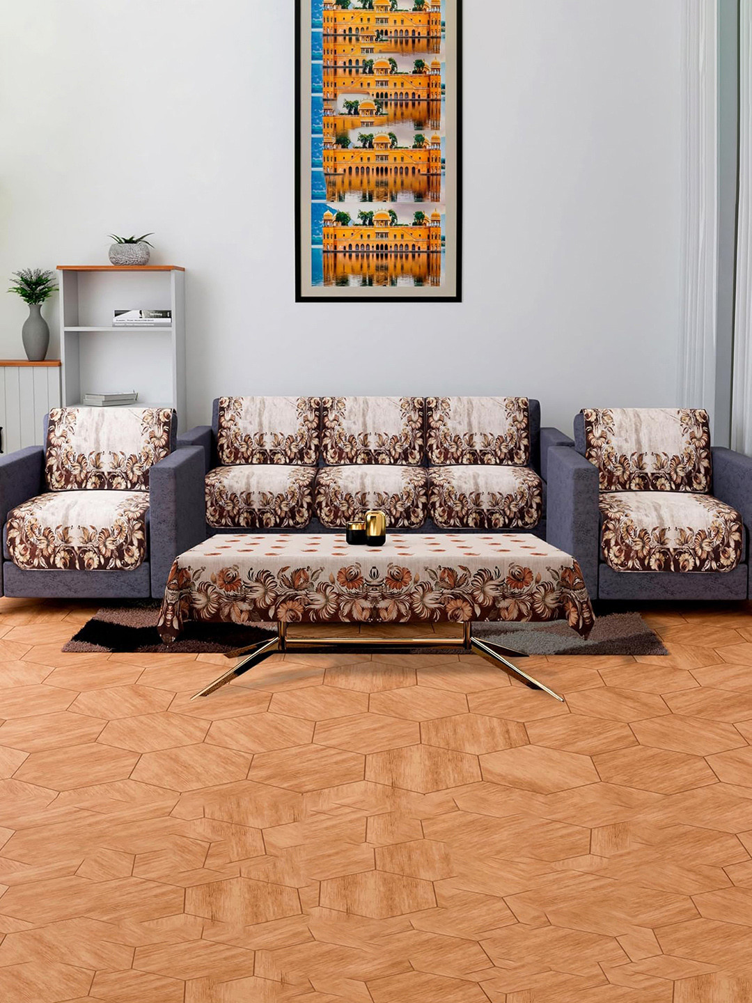 Kuber Industries Set of 11 Cream & Maroon Printed 5 Seater Sofa Cover & Table Cover Set