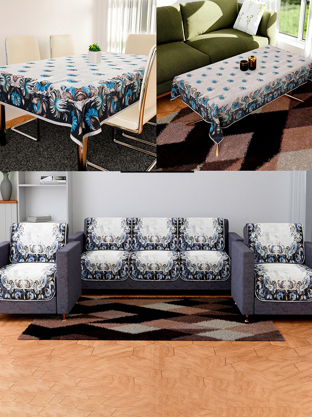 Kuber Industries Set of 12 Printed 5 Seater Sofa Cover & Center-Dining Table Cover Set
