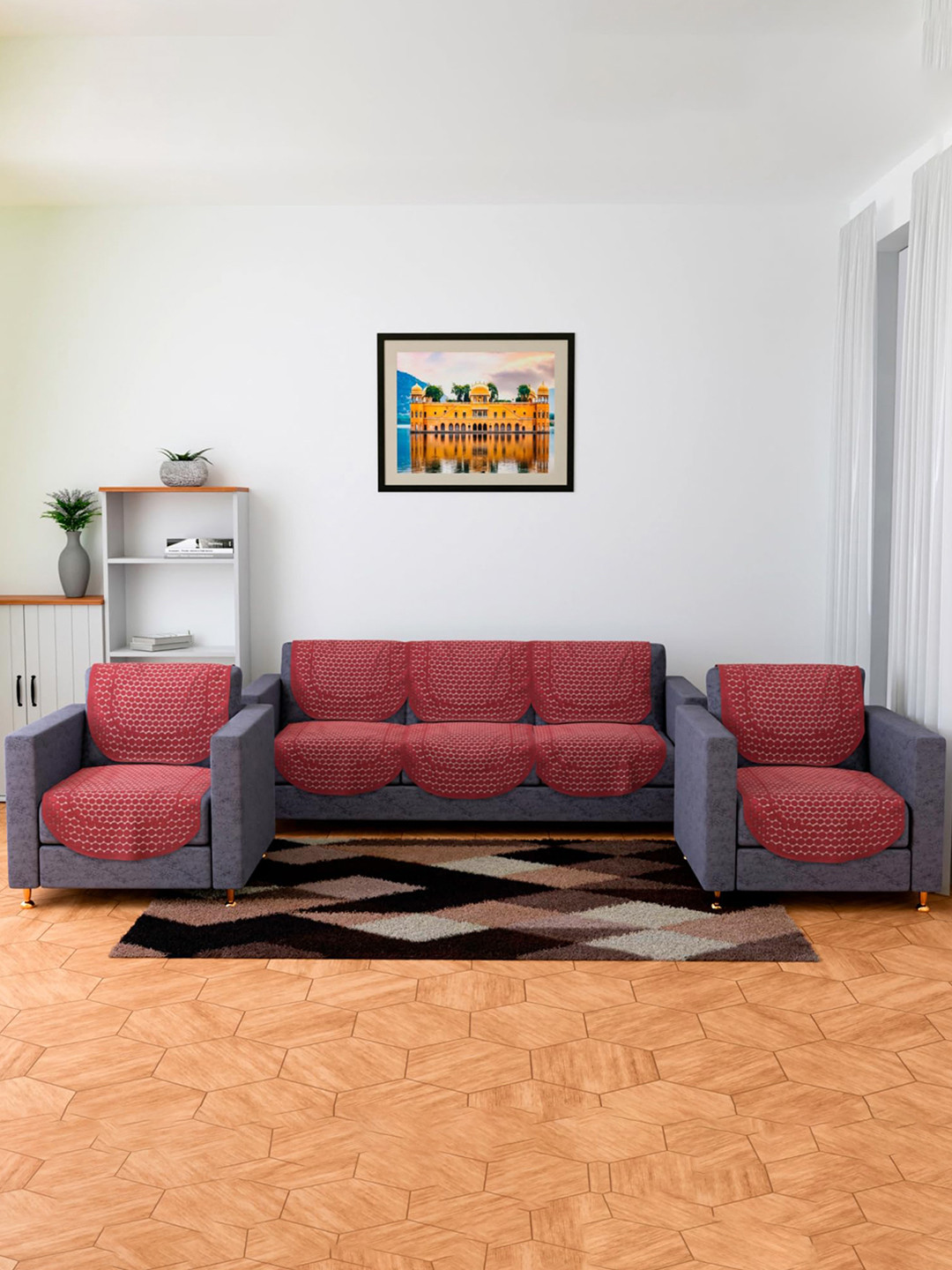 Kuber Industries Set of 10 Maroon Self Design Cotton Skin Friendly 5 Seater Sofa Cover