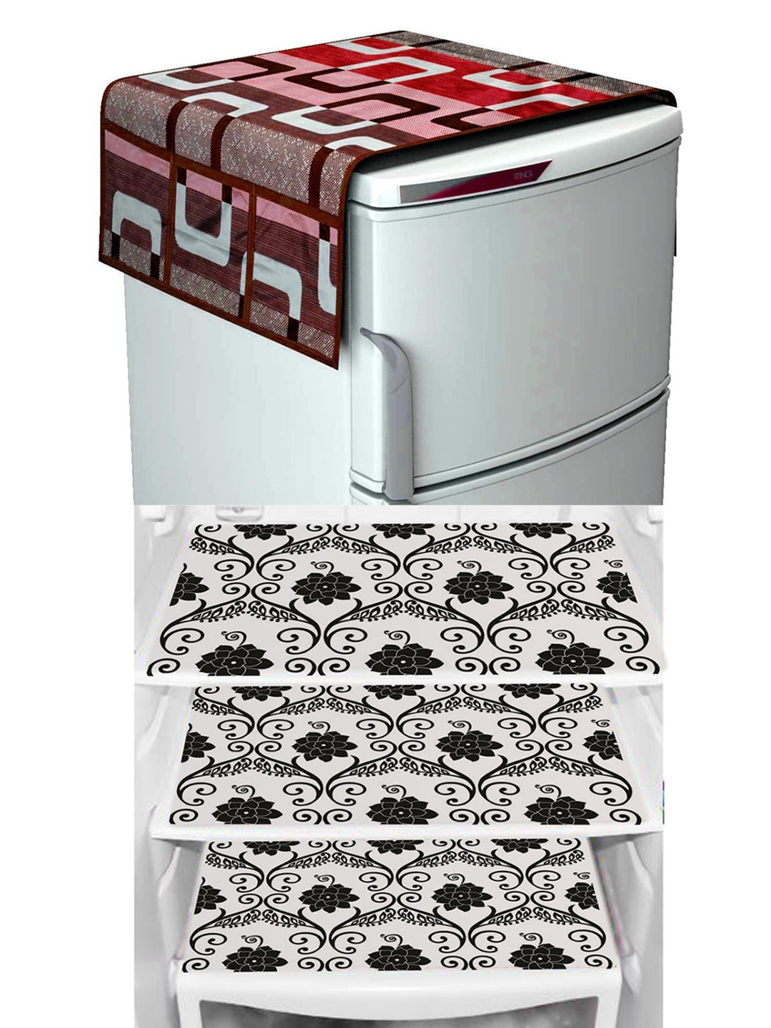 Dakshya Industries Black & Maroon 4 Pieces Geometric Print Waterproof Fridge Cover & Mats