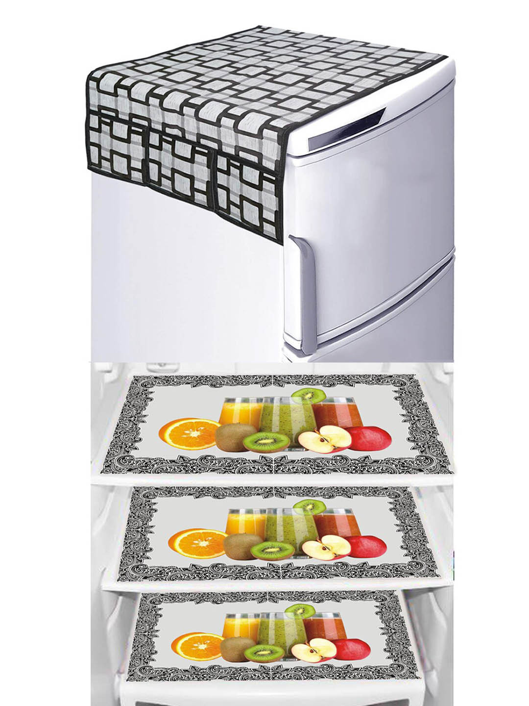 Dakshya Industries Black & Green 4 Pcs Floral Fridge Cover & Fridge Mats