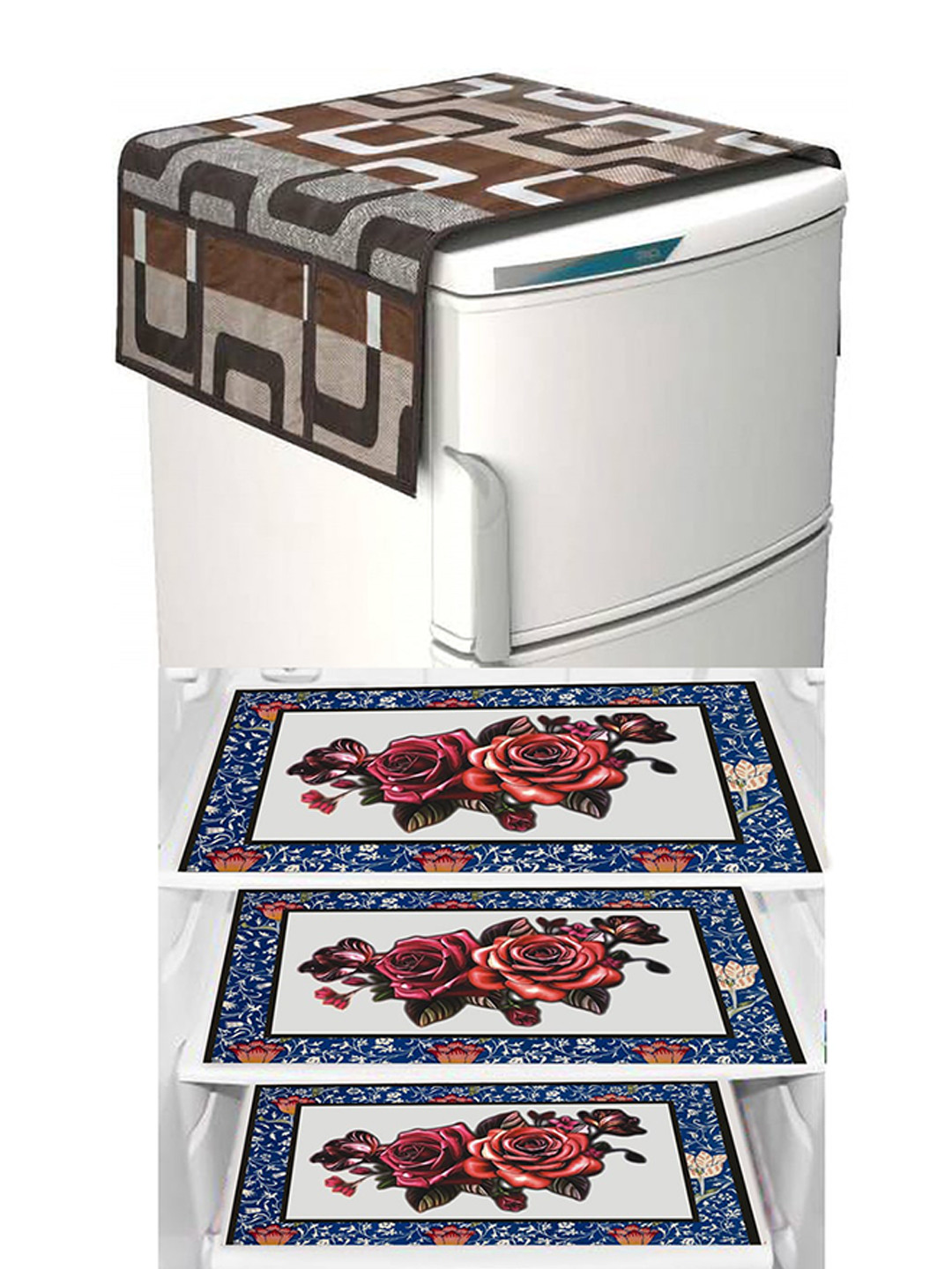 Dakshya Industries Brown & Red 4 Pcs Floral Fridge Cover & Fridge Mats