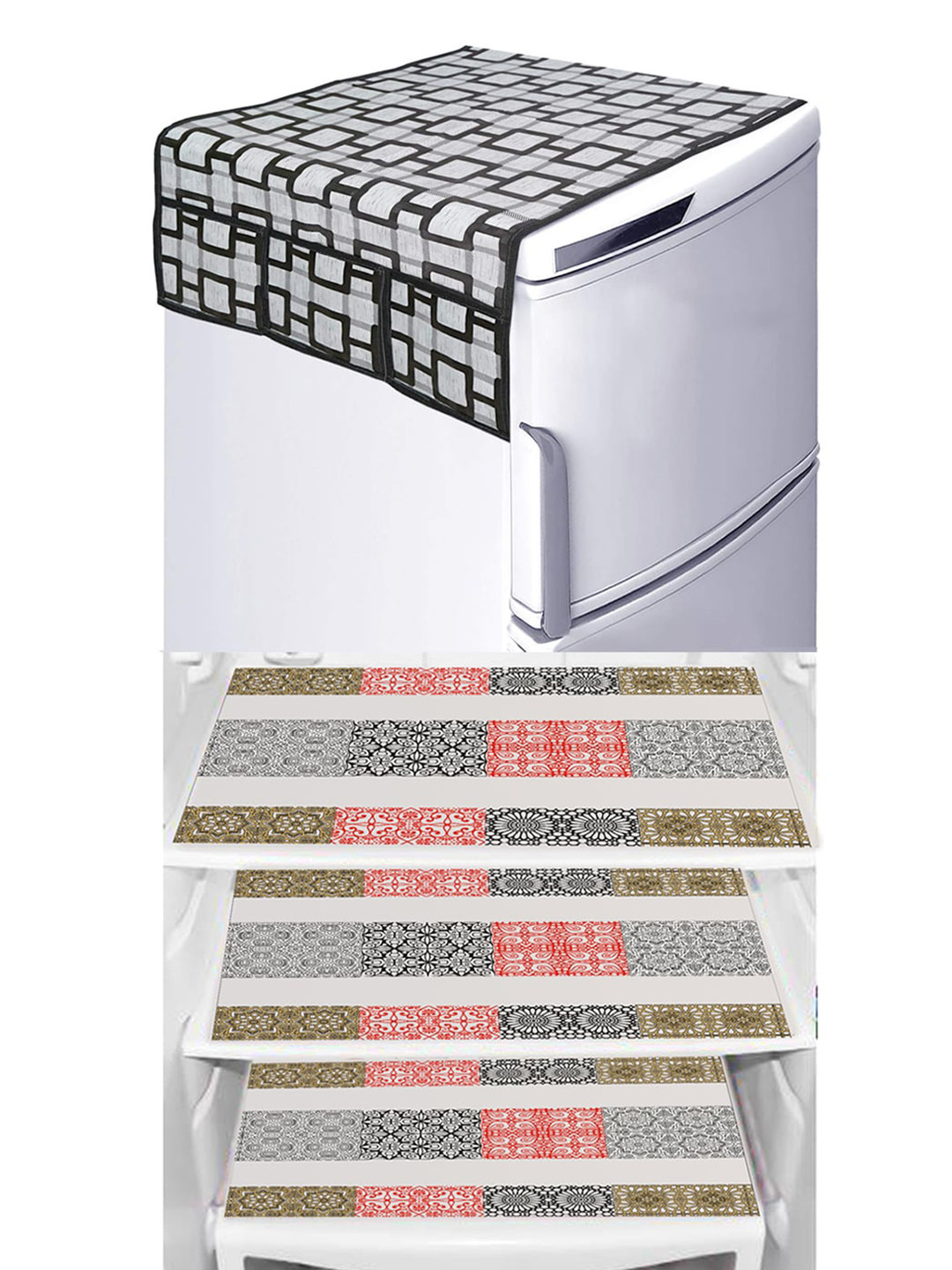 Dakshya Industries Black & Red 4 Pieces Ethnic Motifs Refrigerator Cover & Drawer Mats