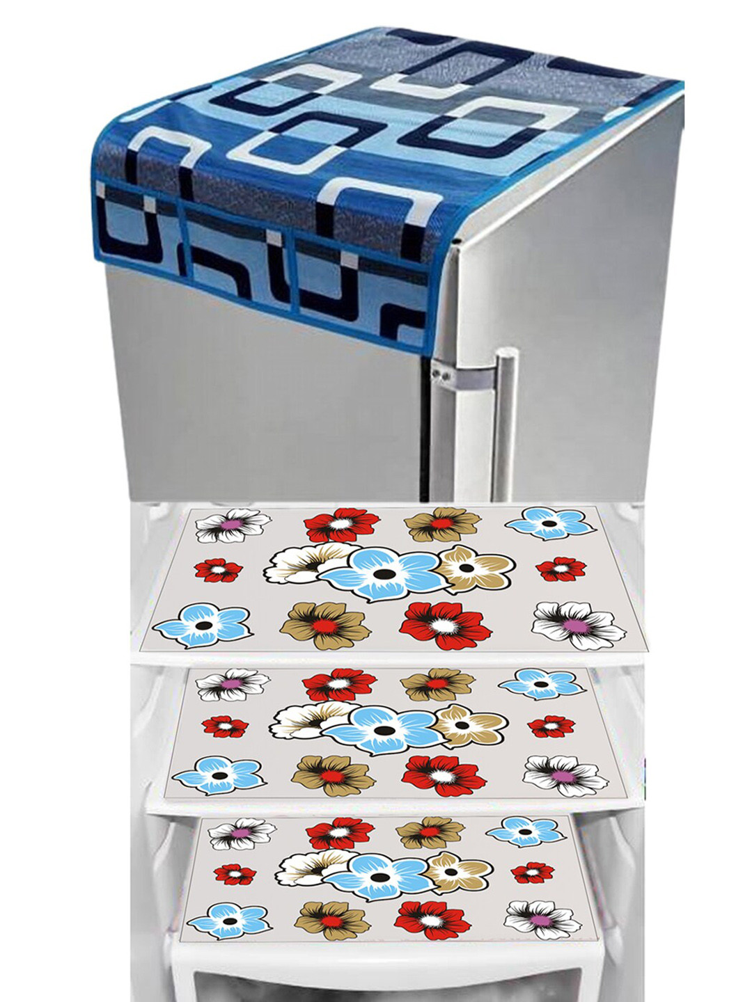 Dakshya Industries Blue & Red 4 Pieces Floral Printed Refrigerator Cover & Drawer Mats