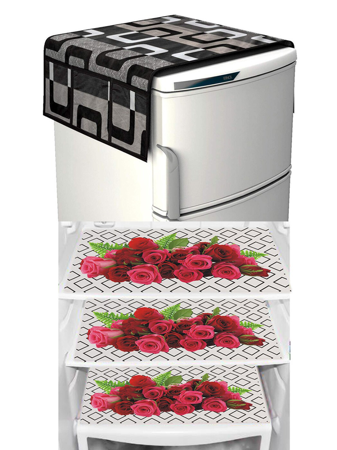 Dakshya Industries Black & Maroon 4 Pieces Floral Printed Refrigerator Cover & Drawer Mats