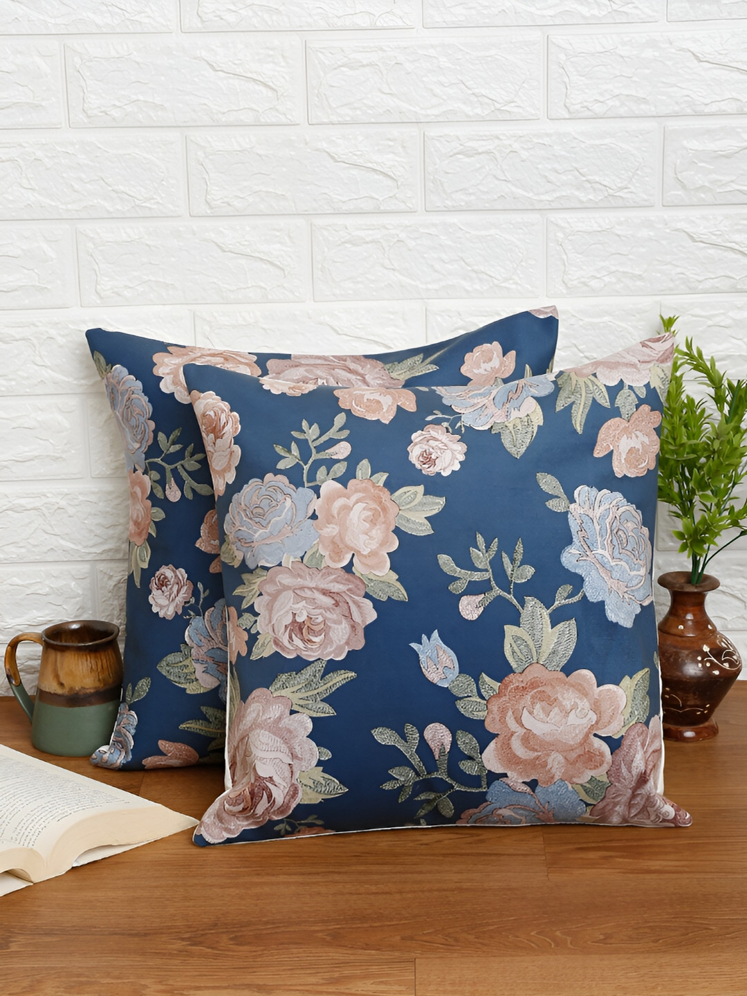 DREAM WEAVERZ Blue Floral Velvet Durable 2 Pcs Embroidered Square Cushion Covers -16x16In