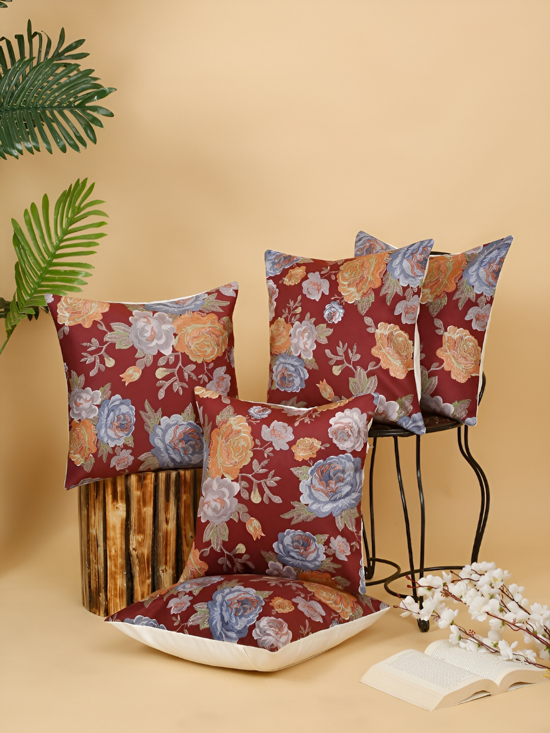 DREAM WEAVERZ Floral Velvet Durable 5 Pcs Embroidered Square Cushion Covers - 16 x 16 In