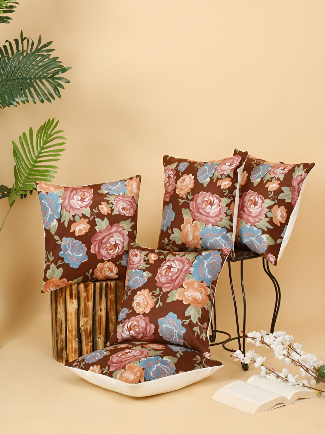 DREAM WEAVERZ Brown & Coral 5 Pcs Floral Velvet Square Cushion Covers