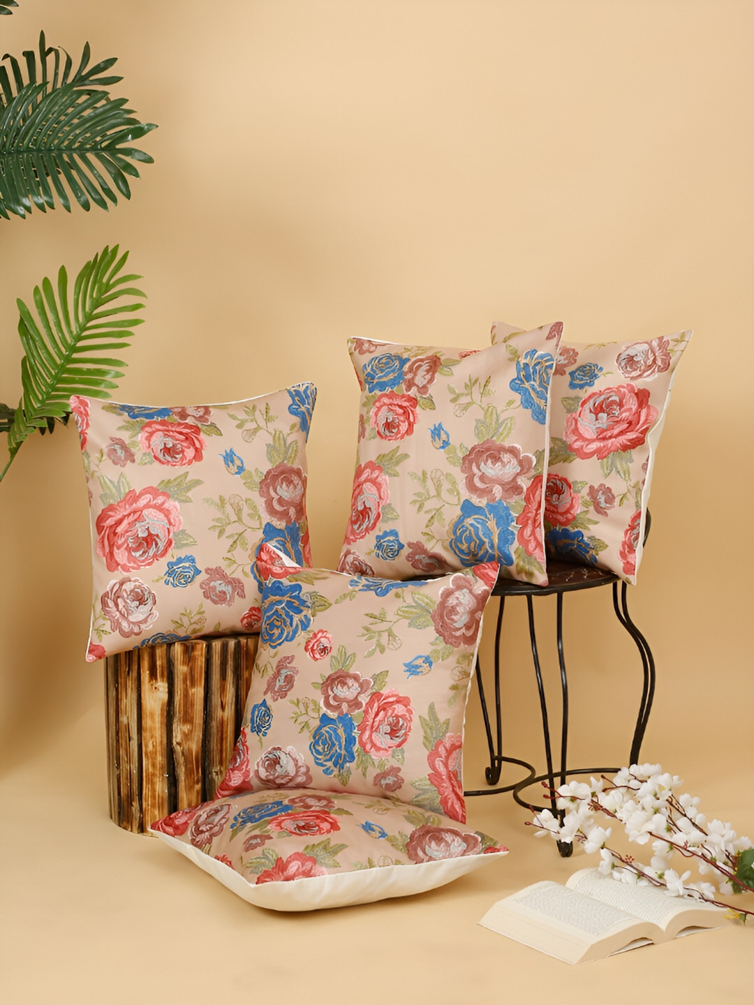 DREAM WEAVERZ Floral Velvet Washable 5 Pcs Embroidered Cushion Covers - 16 x 16 Inches
