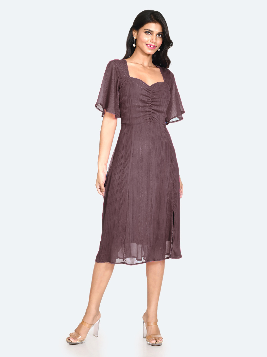 Zink London Sweetheart Neck Flared Sleeves Ruched Linen Fit & Flare Midi Dress