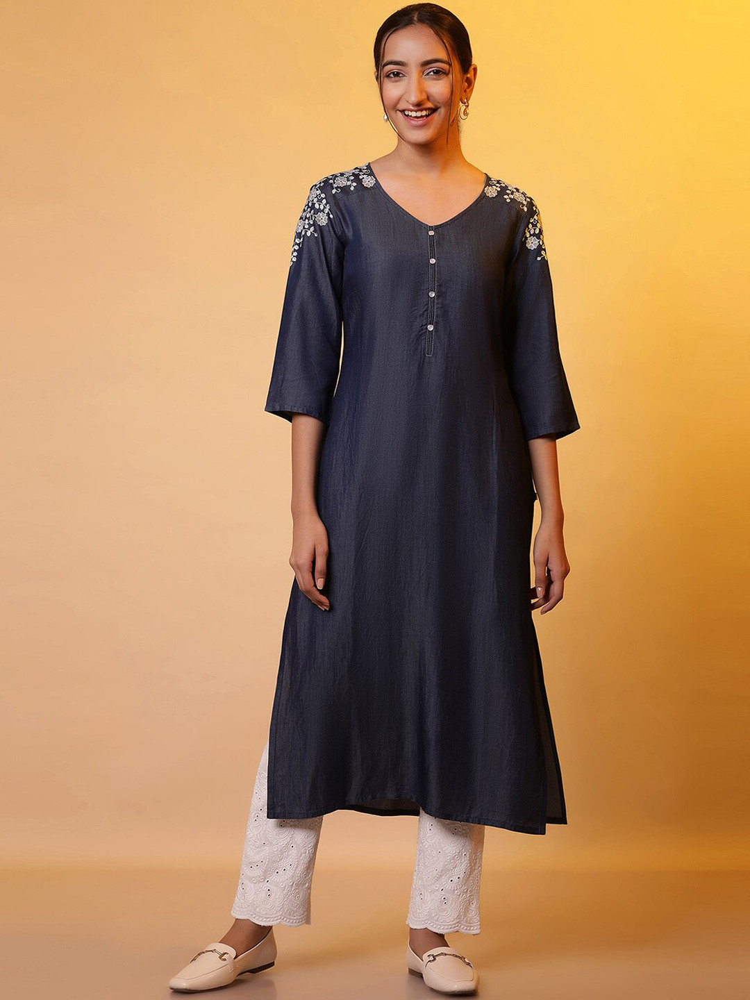 AURELIA Floral Embroidered V-Neck Denim Straight Kurta