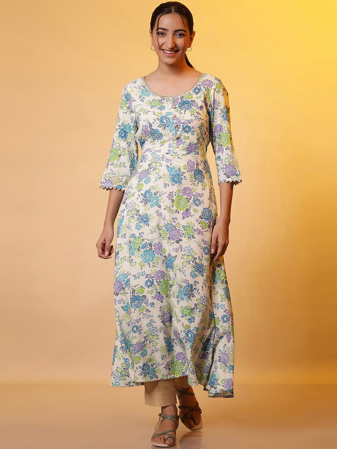 AURELIA Scoop Neck Floral Printed Gotta Patti Rayon Flared Kurta with Tie up Lace