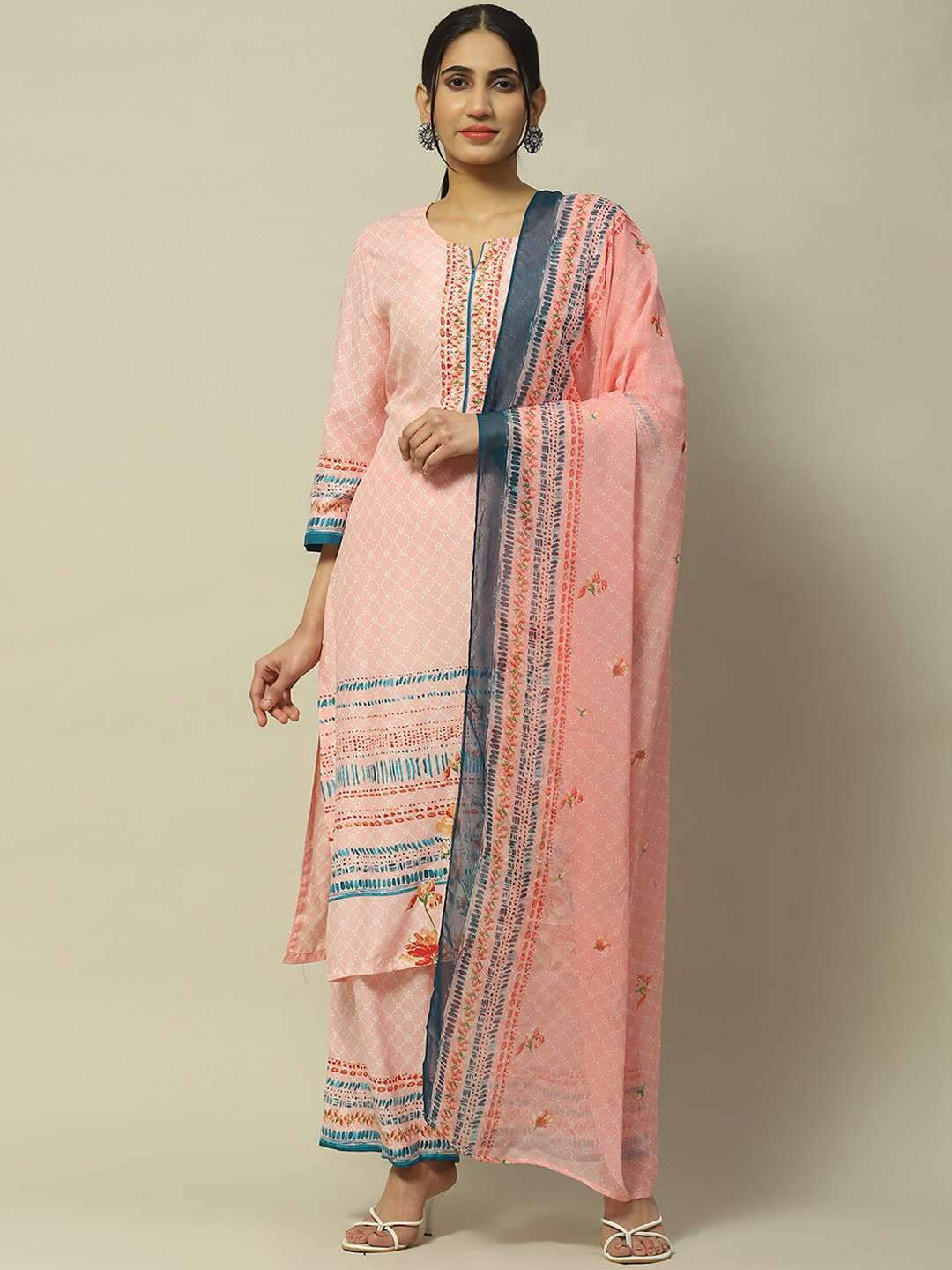 Rangriti Notch Neck Geometric Printed Straight Kurta with Palazzos & Dupatta