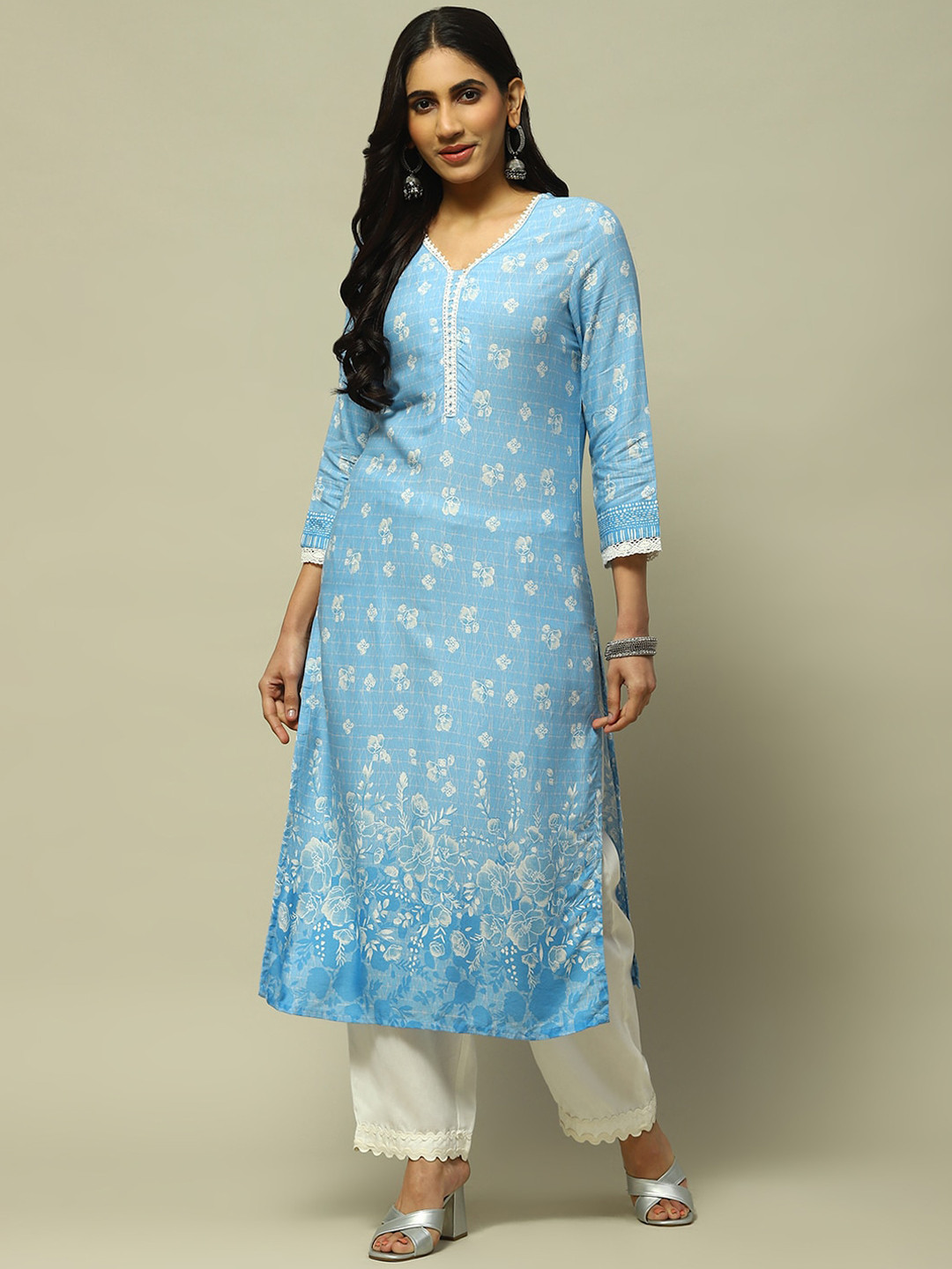 Rangriti Floral Printed Lace Straight Kurta