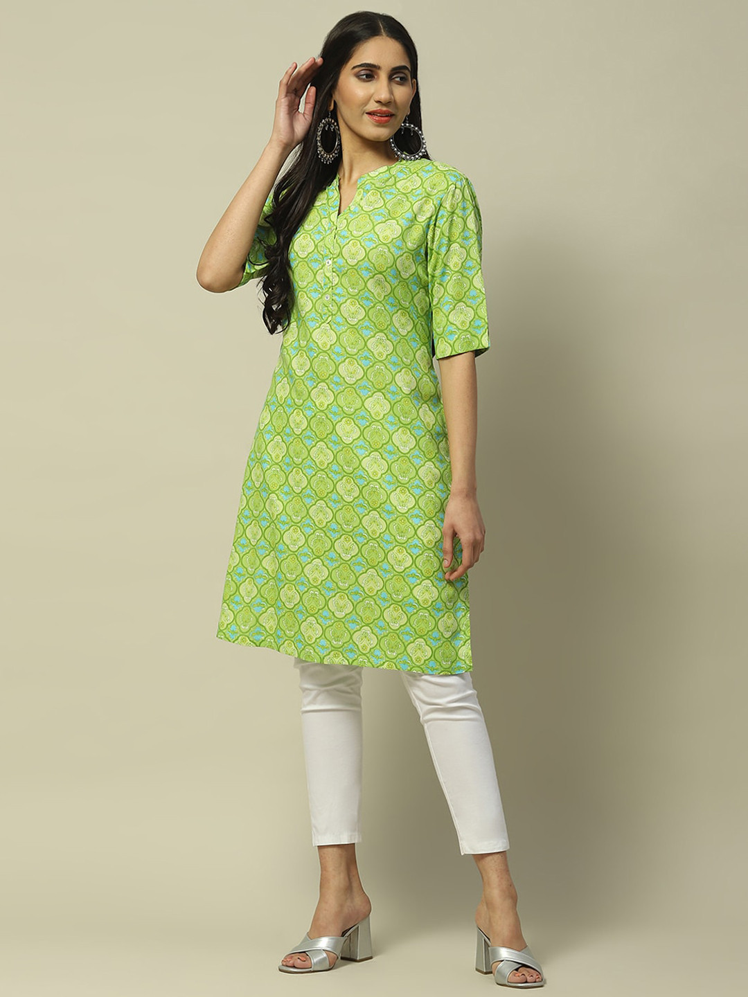 Rangriti Quirky Printed Mandarin Collar Straight Kurta