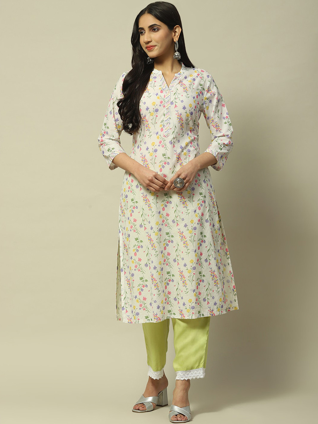 Rangriti Floral Printed Roll-Up Sleeves Mandarin Collar Cotton Kurta