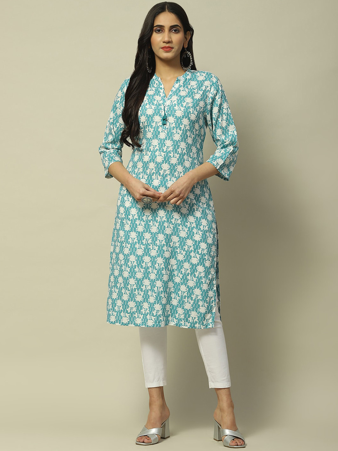 Rangriti Floral Printed Roll-Up Sleeves Mandarin Collar Cotton Kurta