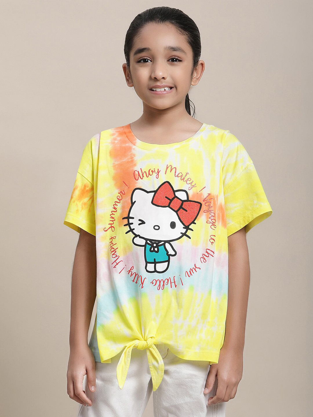 Kids Ville Girls Hello Kitty Printed Tie & Dye Pure Cotton T shirt