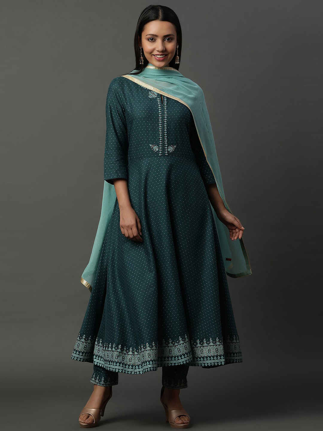 W Teal Green Floral Embroidered Thread Work Anarkali Kurta With Trousers & Dupatta