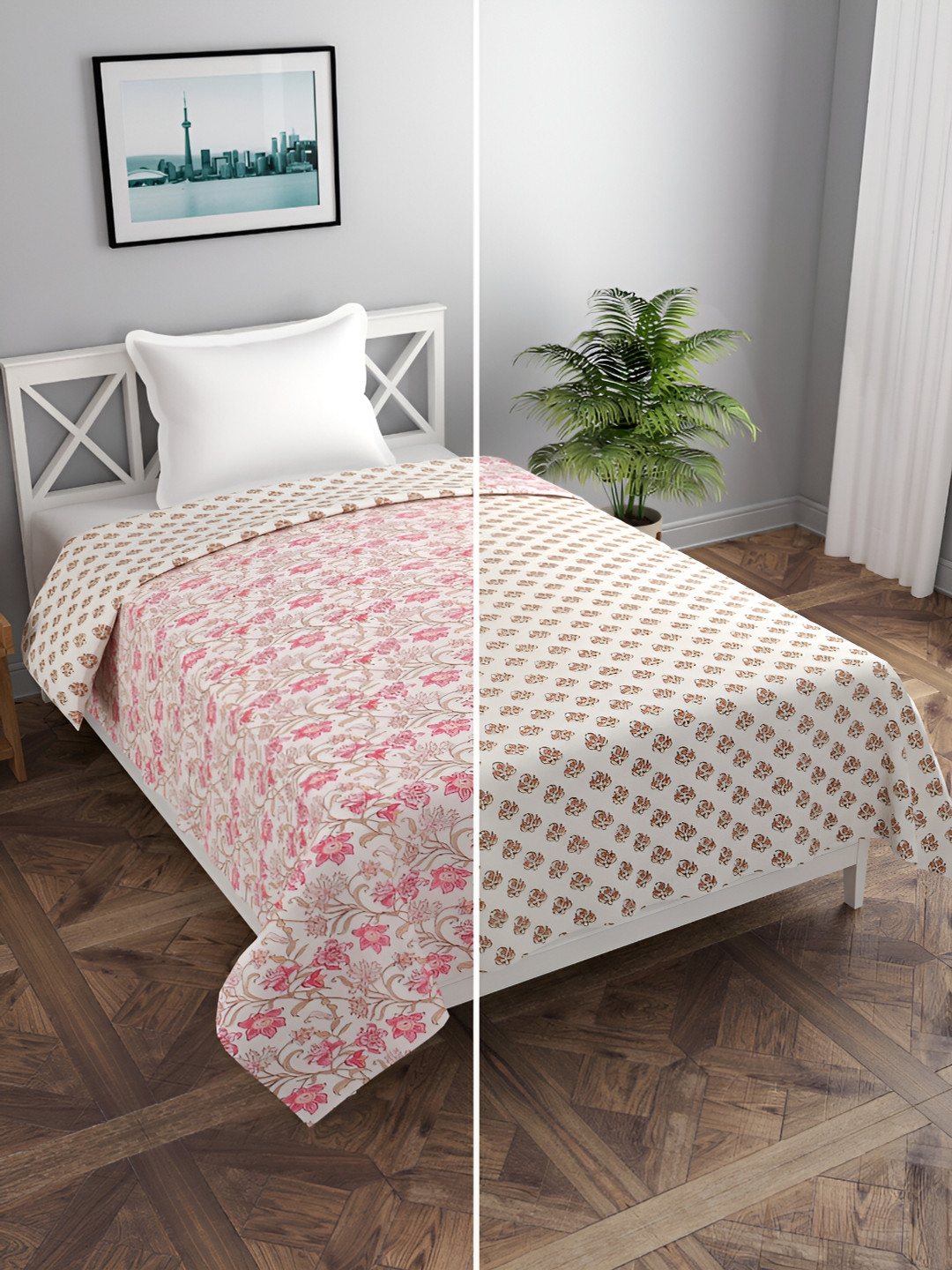 BREVARD White & Pink Floral Printed Single Duvet Cover