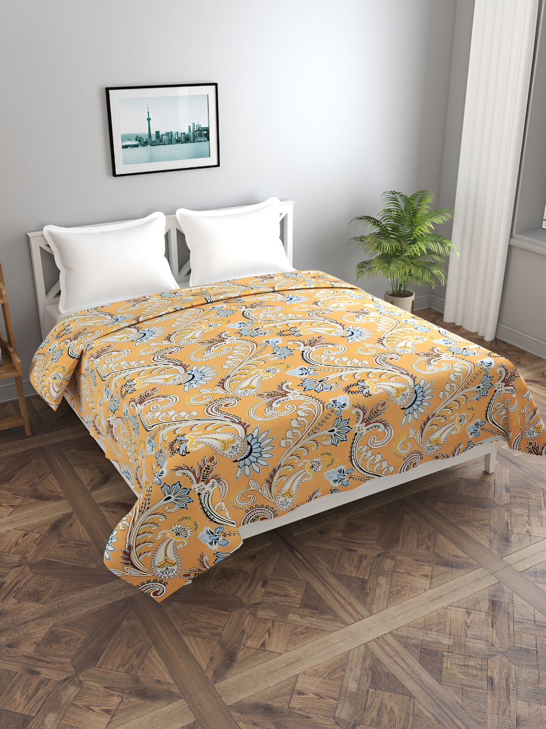BREVARD Mustard Yellow& Blue Floral Printed Double Queen Duvet Cover