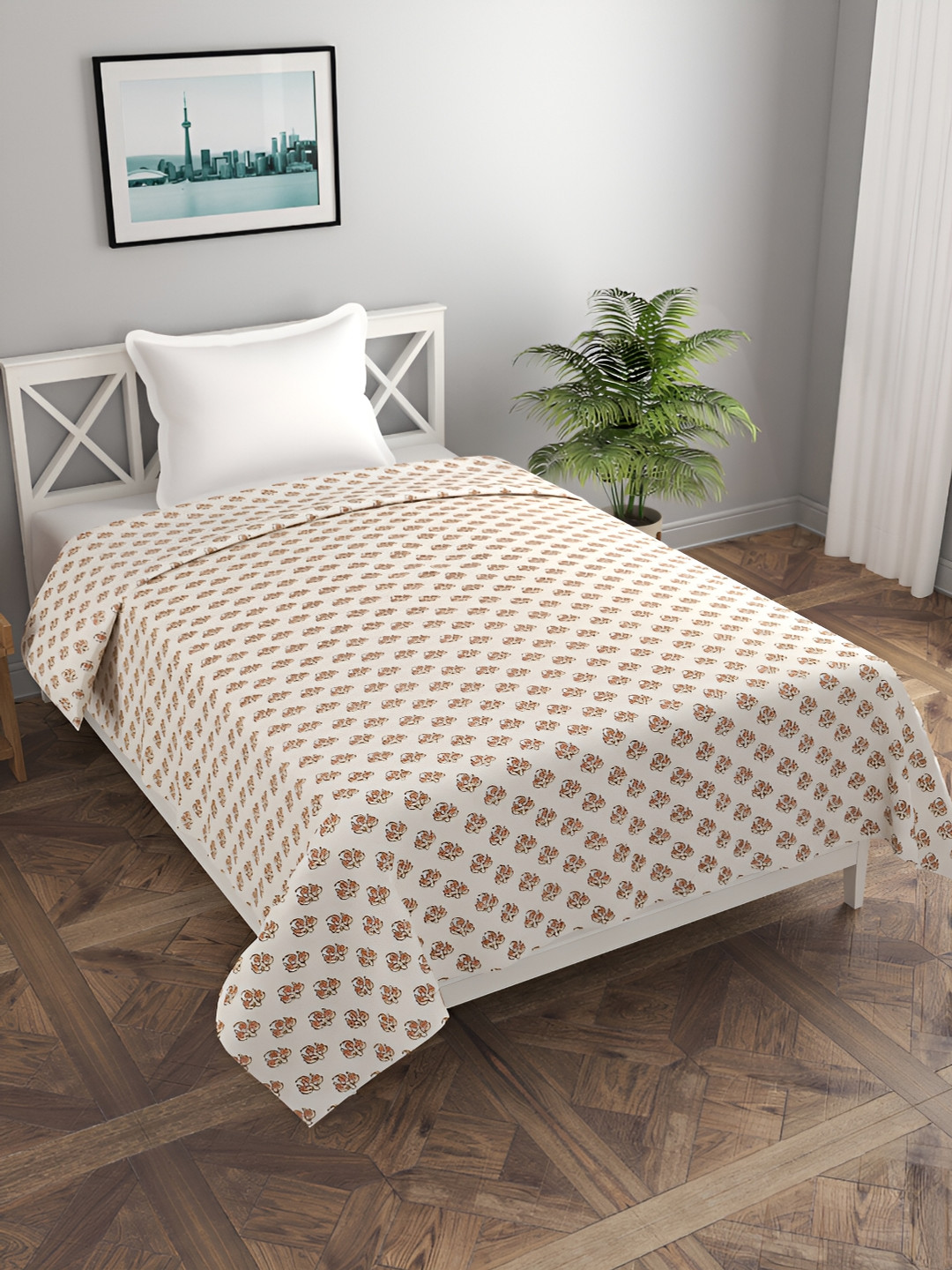 BREVARD Off White & Brown Floral Printed Single Duvet Cover