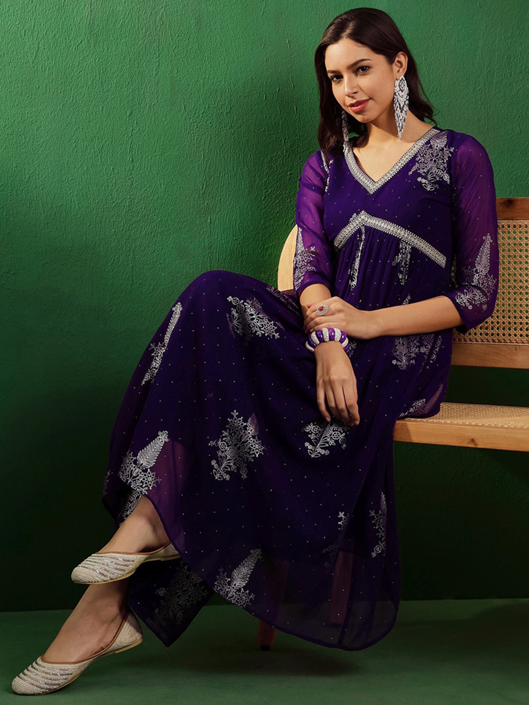 Sangria V-neck Three quarter regular sleeves Alia Cut Printed Kurta Set