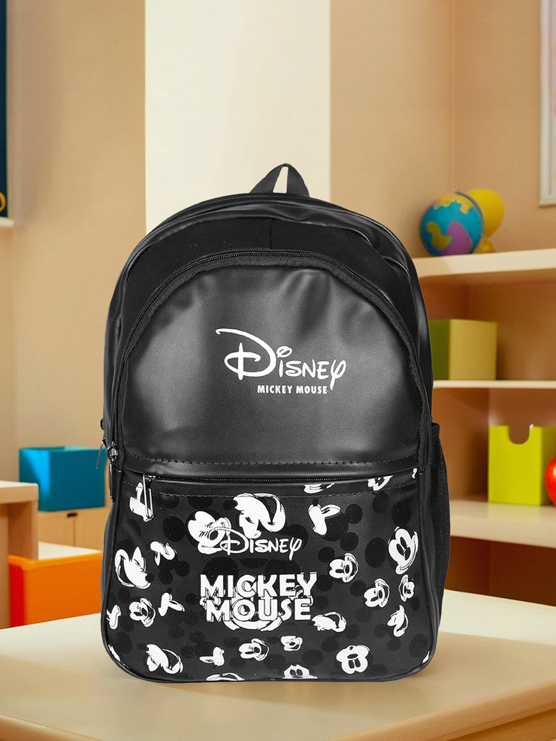 Kuber Industries Unisex Disney Mickey Printed Ergonomic Leather 3 Compart Kids School Bag