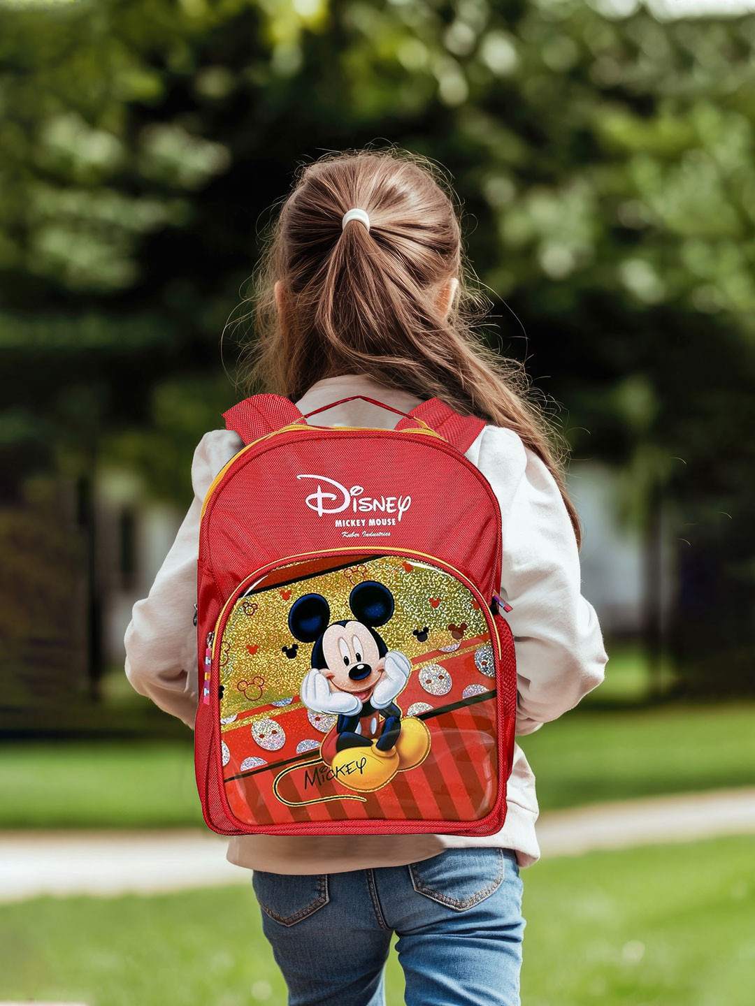 Kuber Industries Disney Mickey School Bag for Kids 3 Compartments Red yellow