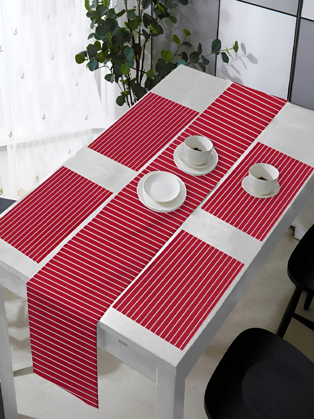 OASIS Red & White 5 Pieces Striped Cotton Table Mats with Runner