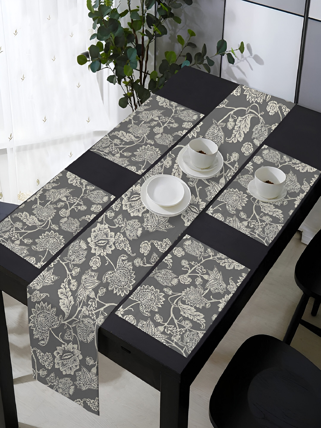 OASIS Grey & White 5 Pieces Printed Cotton Table Mats with Runner