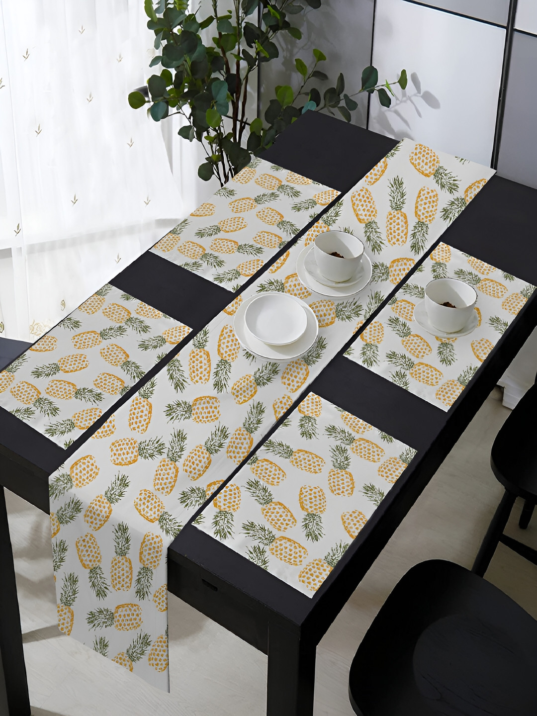 OASIS White & Orange 5 Pieces Printed Cotton Table Mats with Runner