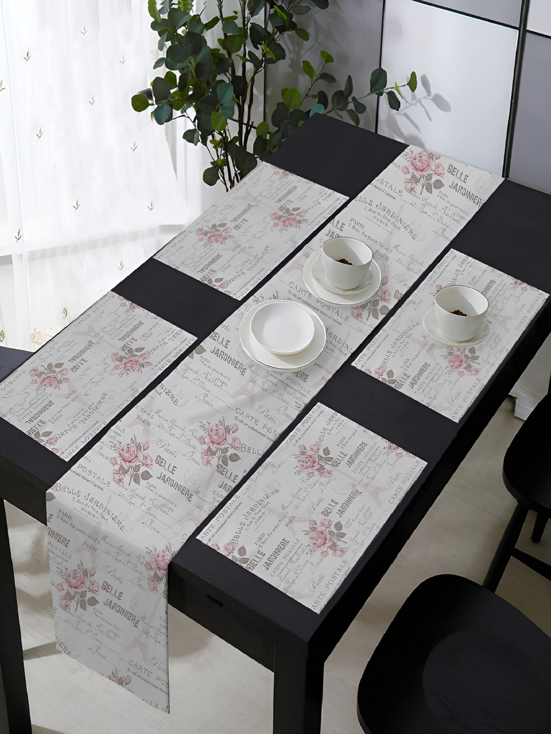 OASIS Grey & Pink 5 Pieces Printed Cotton Table Mats with Runner
