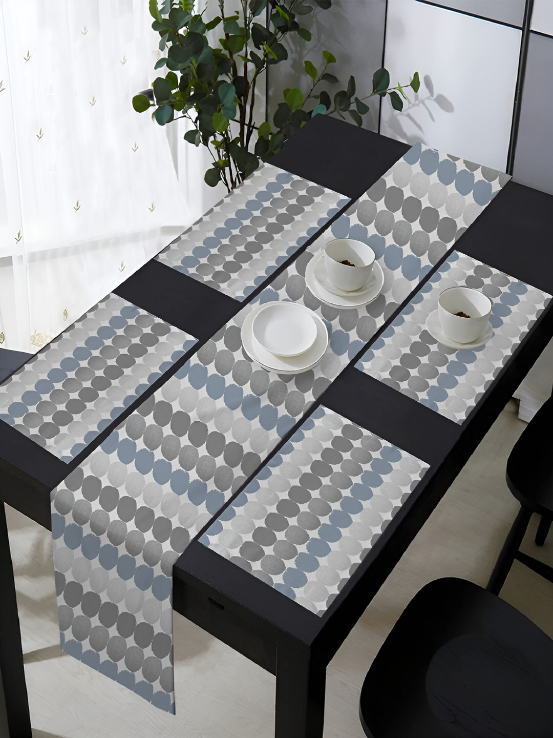 OASIS Grey & Blue 5 Pieces Printed Cotton Table Mats with Runner