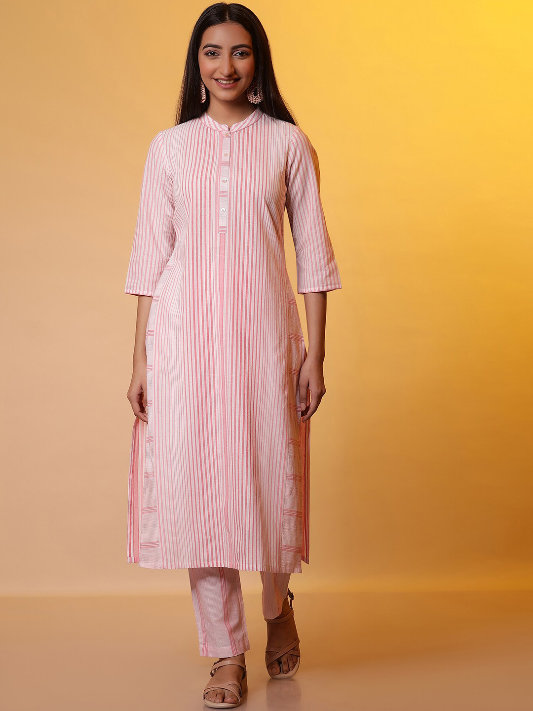 AURELIA Striped Band Collar Pure Cotton Straight Kurta with Trousers