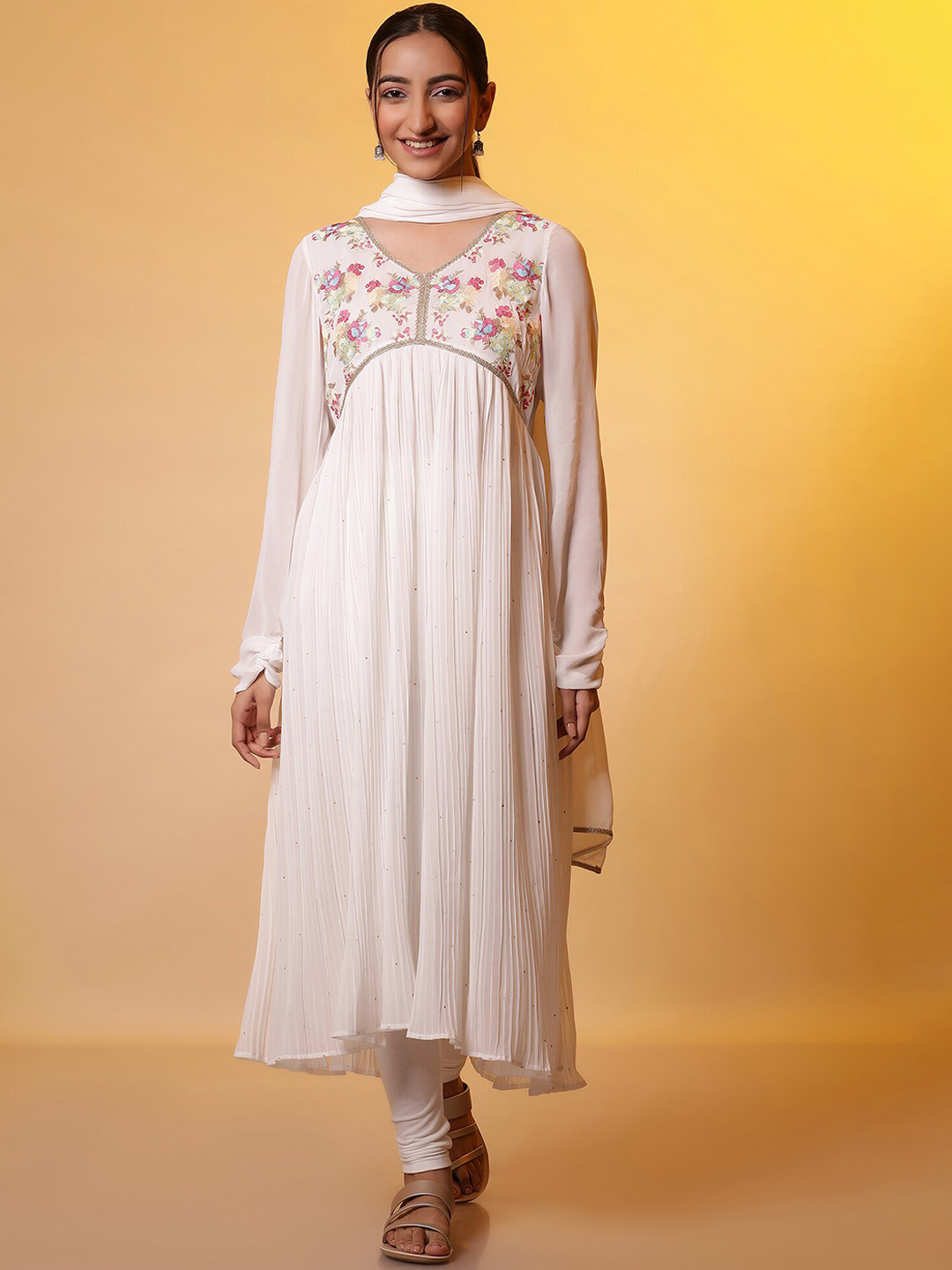AURELIA Floral Empire Thread Work Anarkali Kurta With Leggings & Dupatta