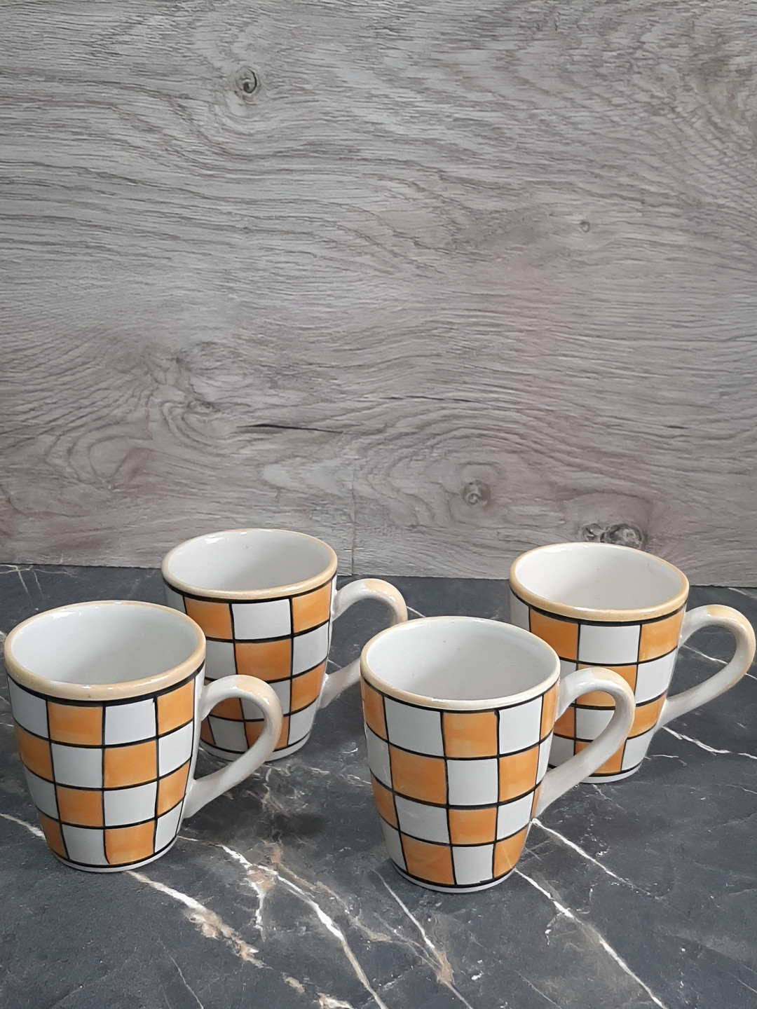 INDIA MEETS INDIA Start Every Day With Good Orange Checkered Ceramic Dishwasher Safe 4 Piece Mugs-250ml