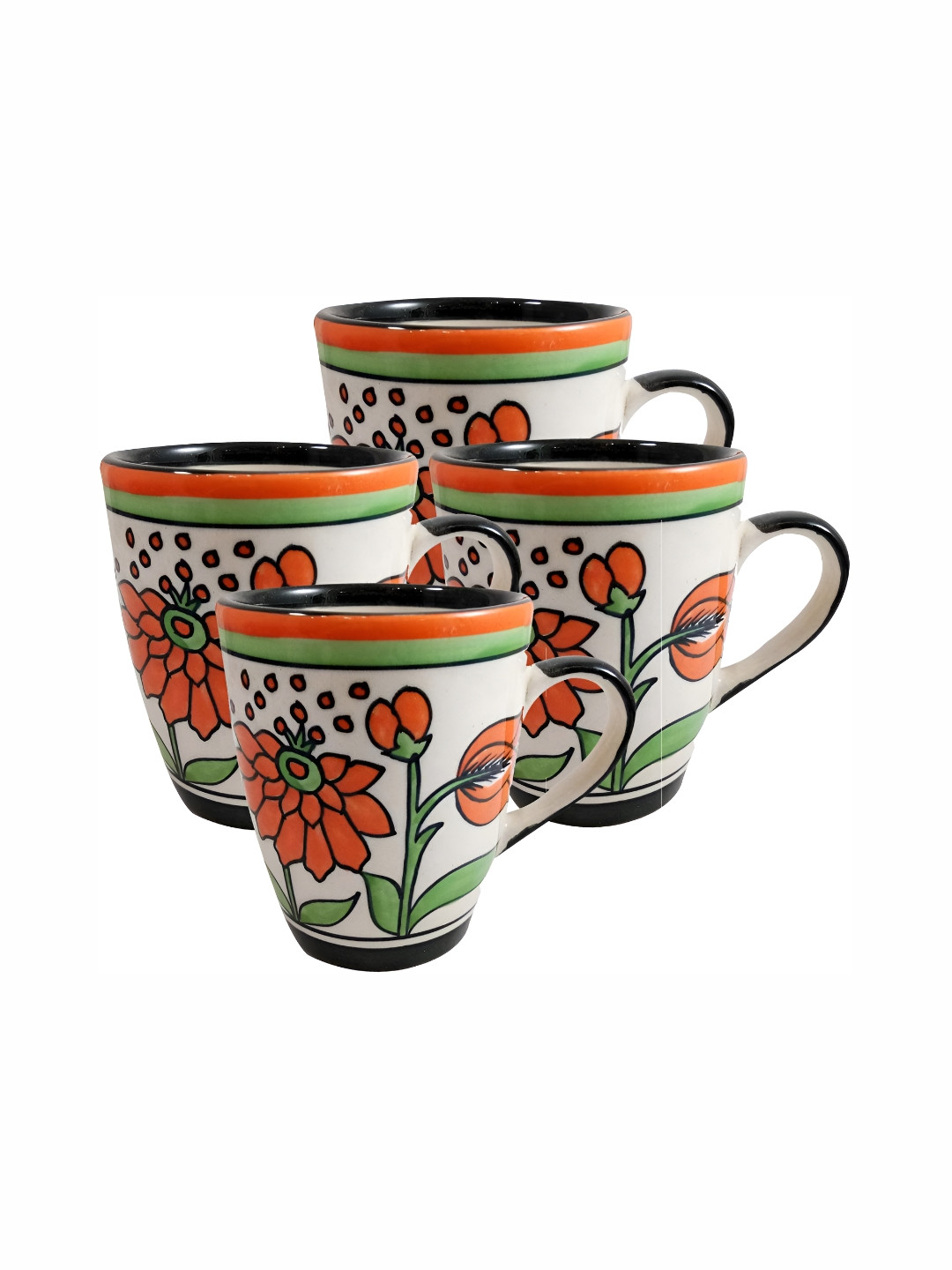 INDIA MEETS INDIA Orange Floral Ceramic Microwave Safe 4 Piece Mugs-250ml