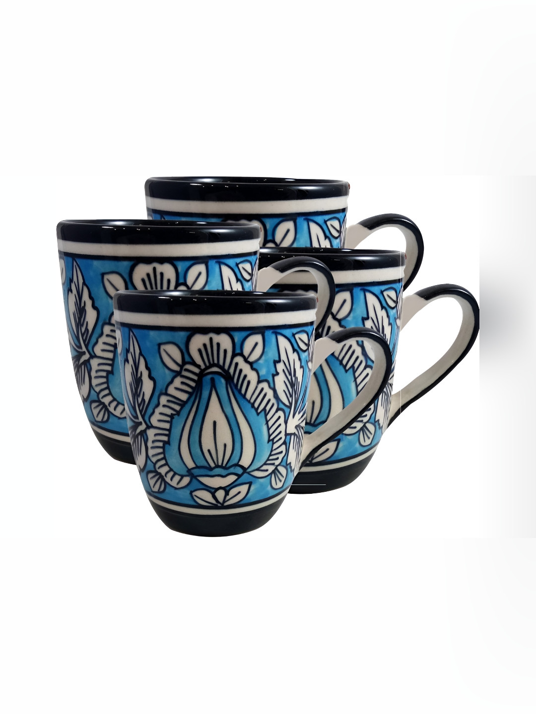 INDIA MEETS INDIA Mothers Day Gift Blue Floral Ceramic Handmade 4 Piece Mugs-250ml
