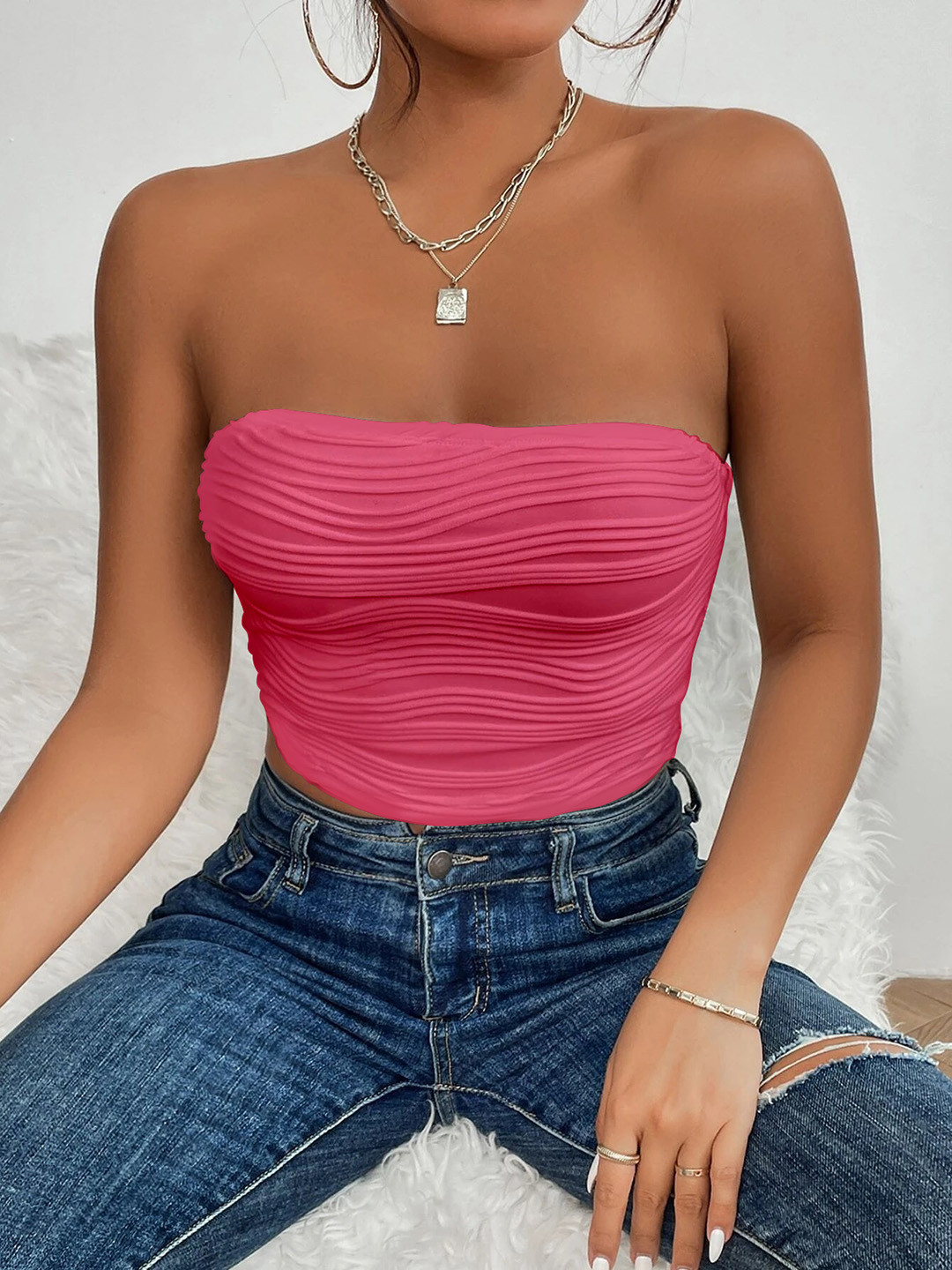 Stylecast X Slyck Pink Strapless Crop Tube Top