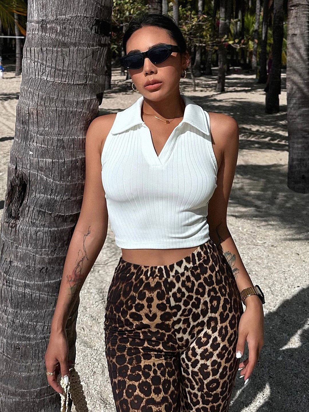 Stylecast X Slyck White Ribbed Shirt Collar Fitted Crop Top