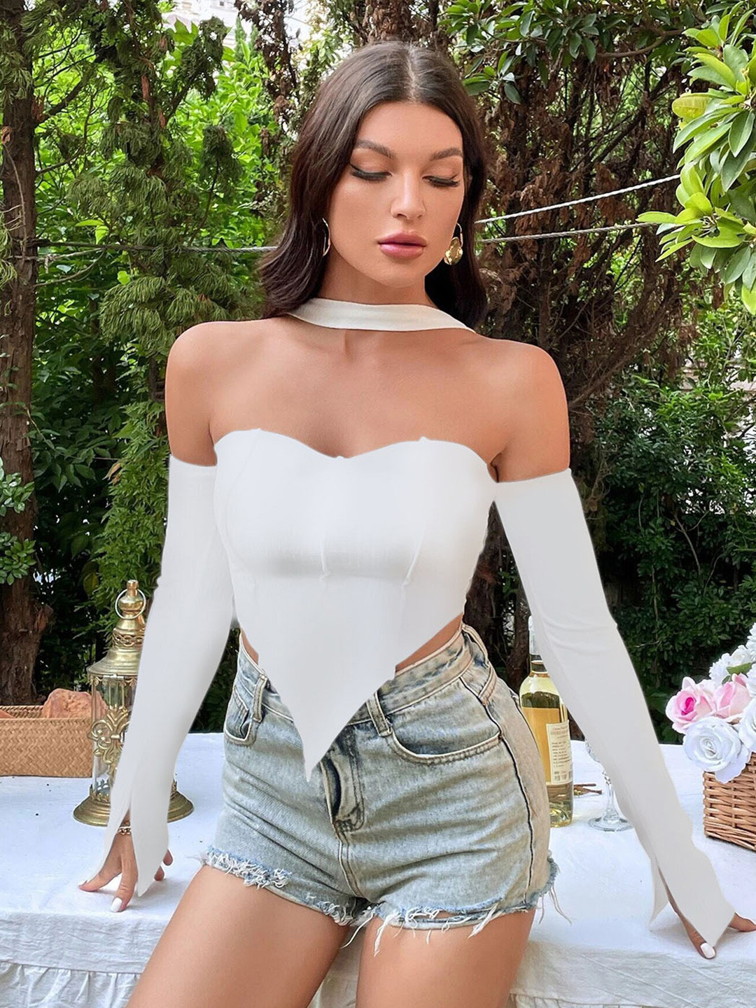 Stylecast X Slyck White Off-Shoulder Crop Top