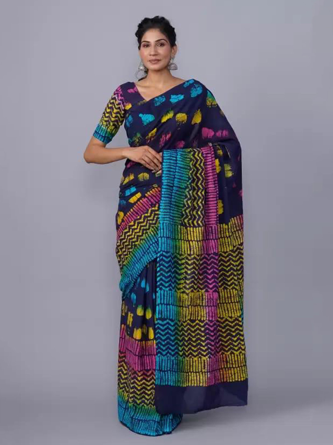 TROPWEAR Abstract Cotton Linen Block Print Saree