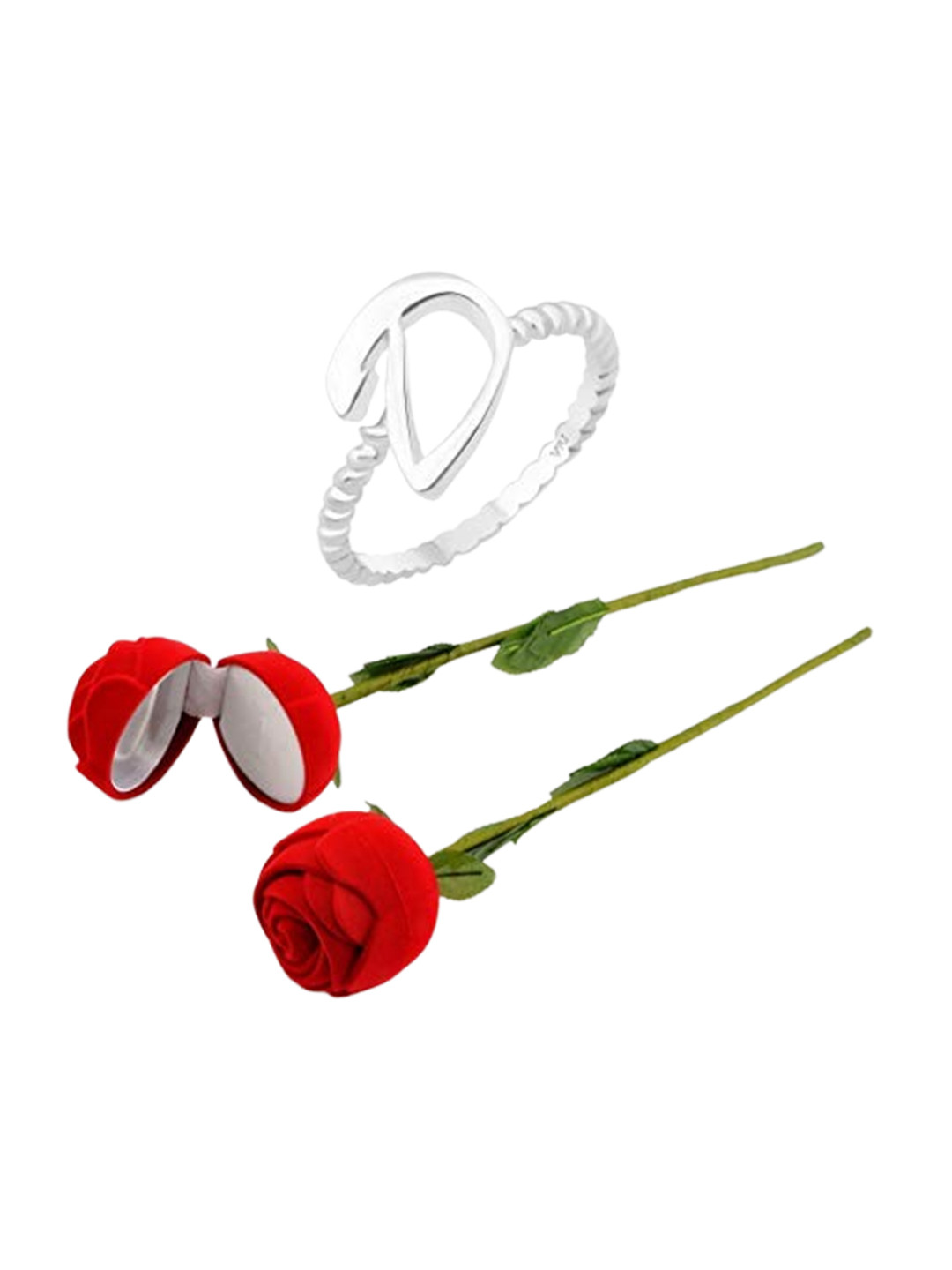 Vighnaharta Rhodium-Plated D Initial Finger Ring With Rose Ring Box