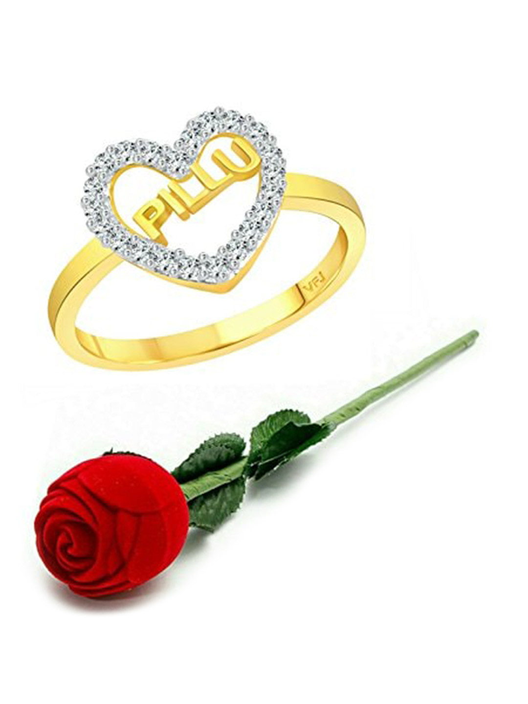 Vighnaharta Gold Plated Cubic Zirconia Studded Heart Shaped Detail Ring With Rose Box