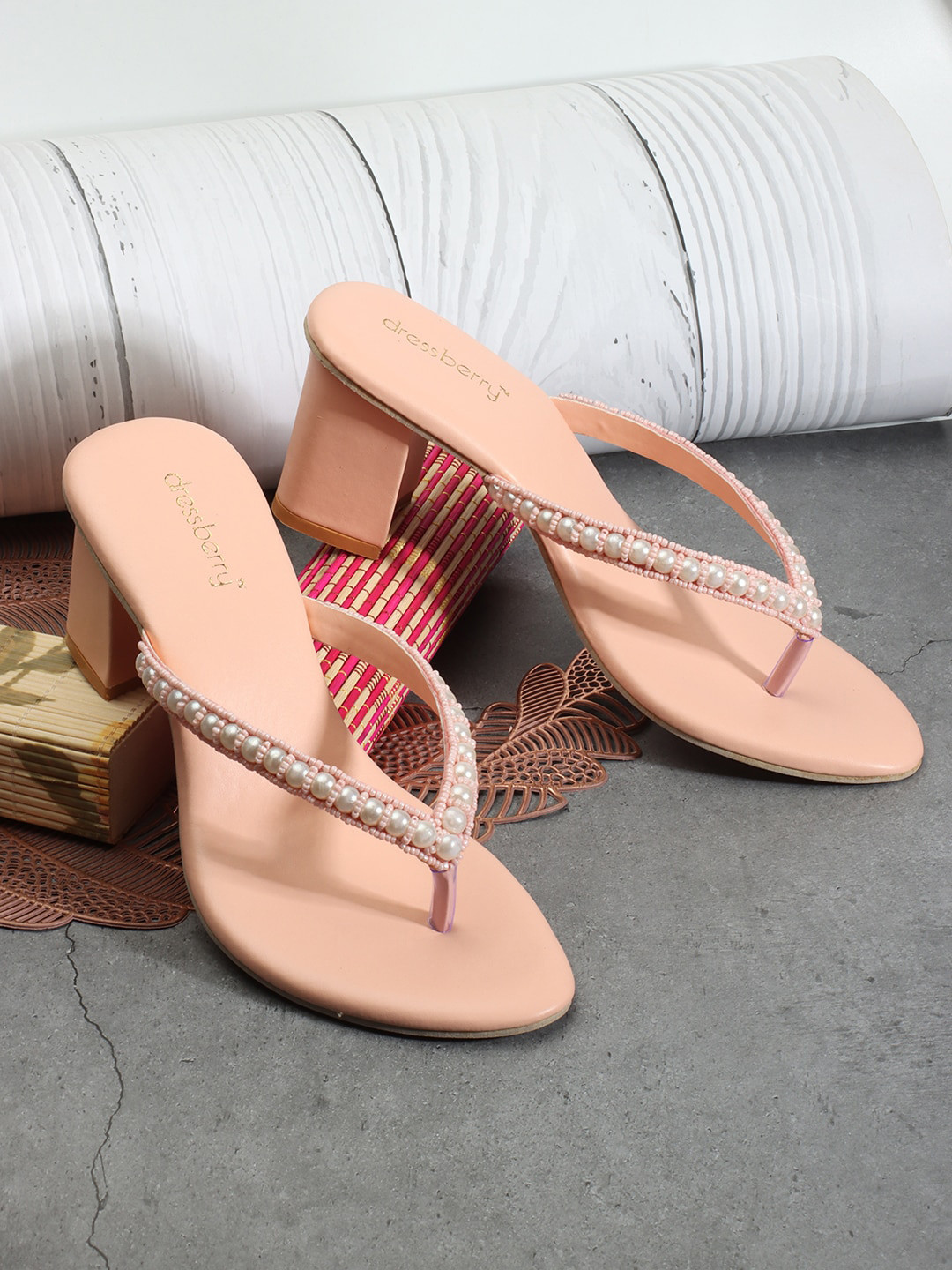 DressBerry Peach-Coloured Embellished Open Toe Block Heels